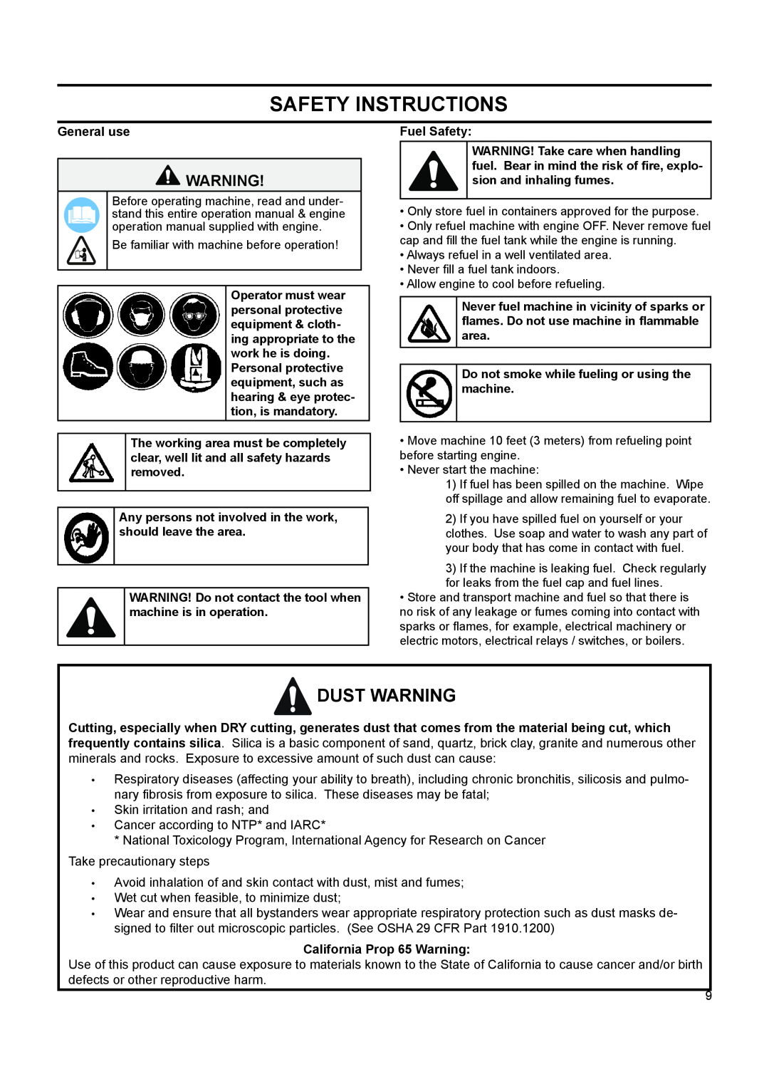 Husqvarna FS 524, FS 513, FS 520 manuel dutilisation Safety Instructions, Dust Warning 