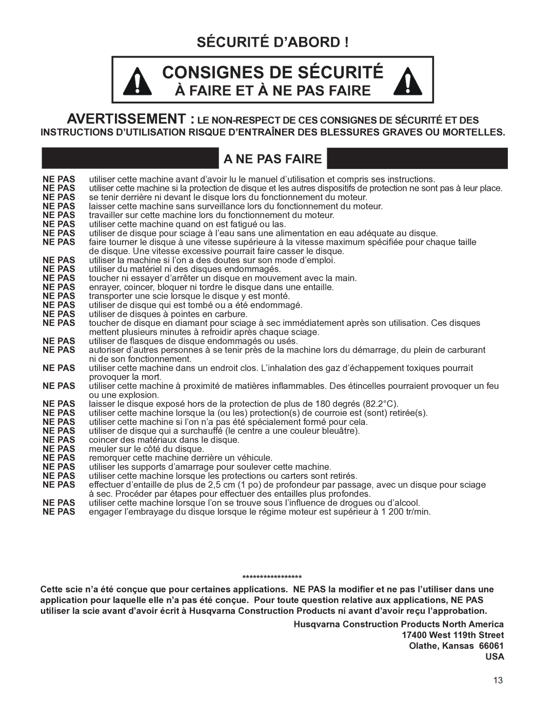 Husqvarna FSA 8400 D, FS 6600 D manuel dutilisation NE PAS Faire 