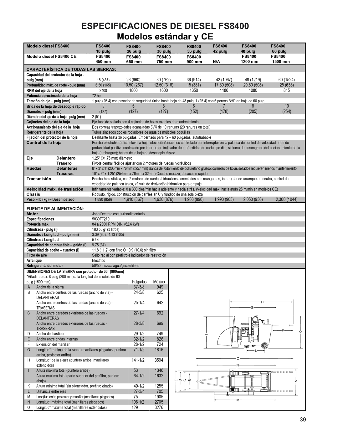 Husqvarna FSA 8400 D, FS 6600 D manuel dutilisation Especificaciones DE Diesel FS8400 