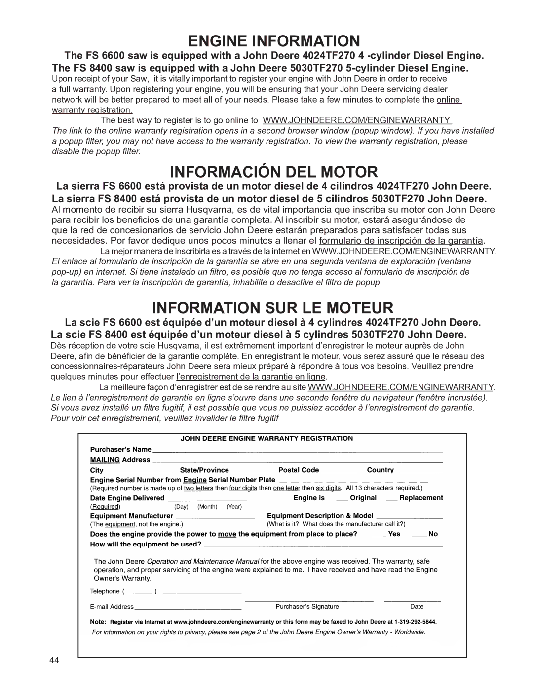 Husqvarna FS 6600 D, FSA 8400 D manuel dutilisation Información DEL Motor 