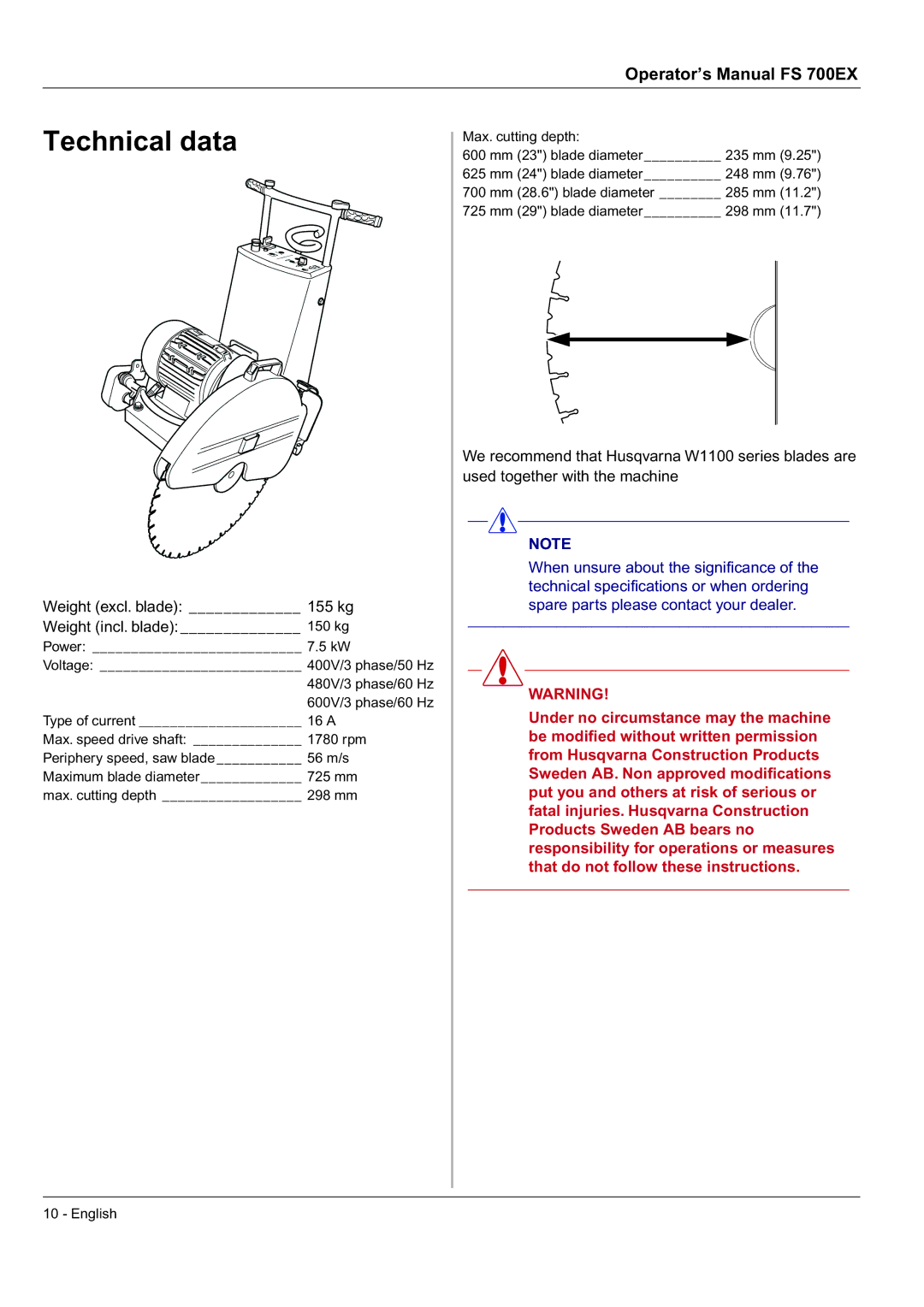 Husqvarna FS 700 EX manual Technical data, Weight excl. blade 155 kg 