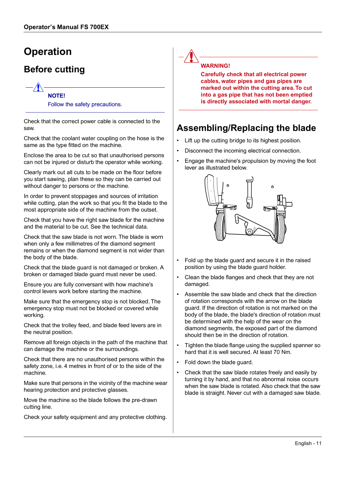 Husqvarna FS 700 EX manual Operation, Before cutting, Assembling/Replacing the blade 