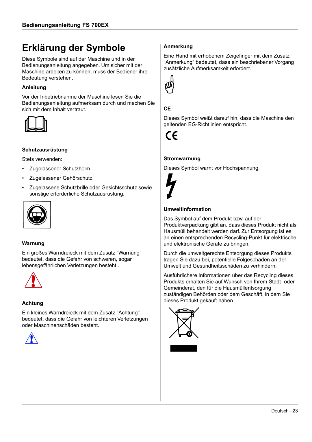 Husqvarna FS 700 EX manual Erklärung der Symbole 