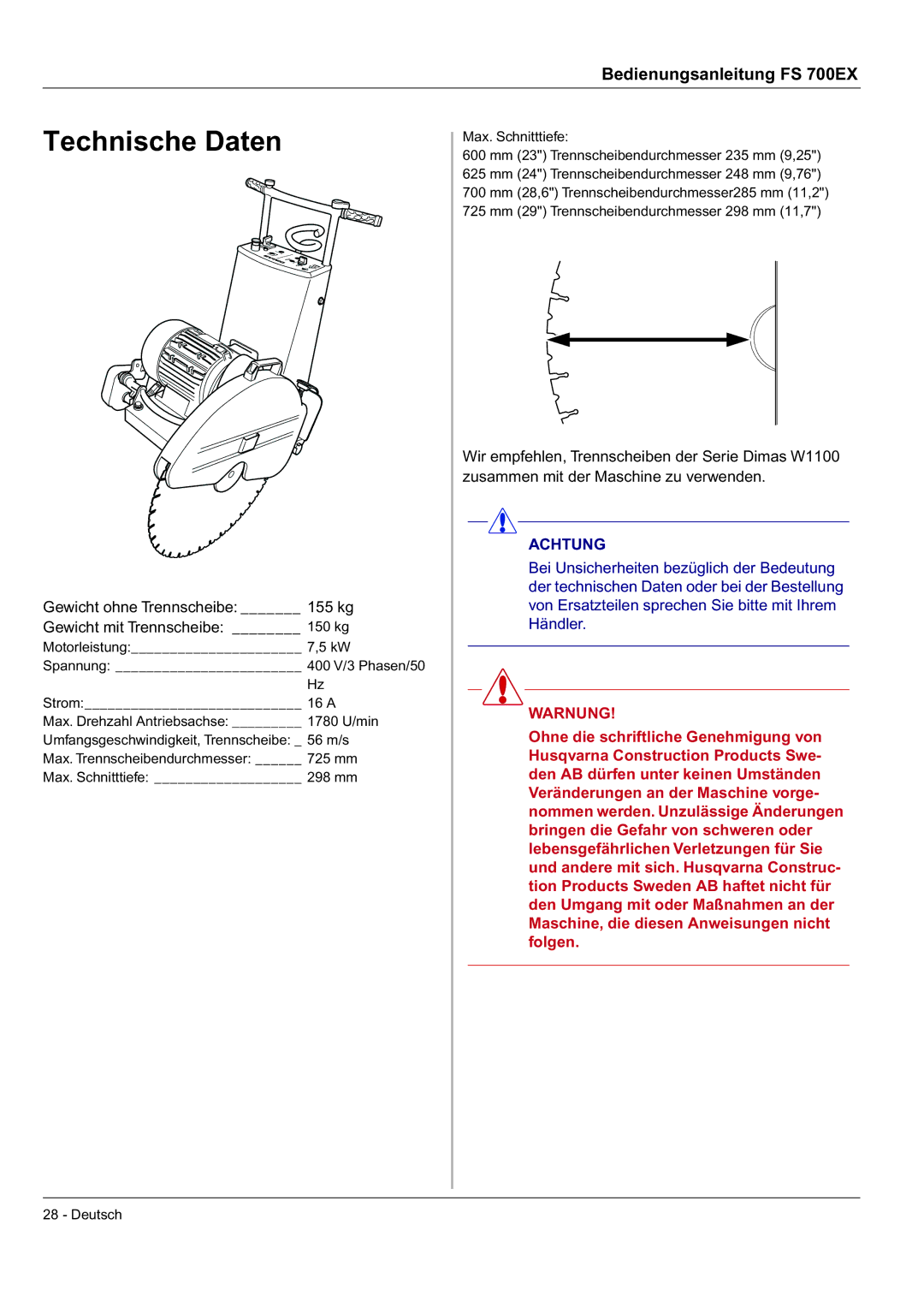 Husqvarna FS 700 EX manual Technische Daten, Achtung 