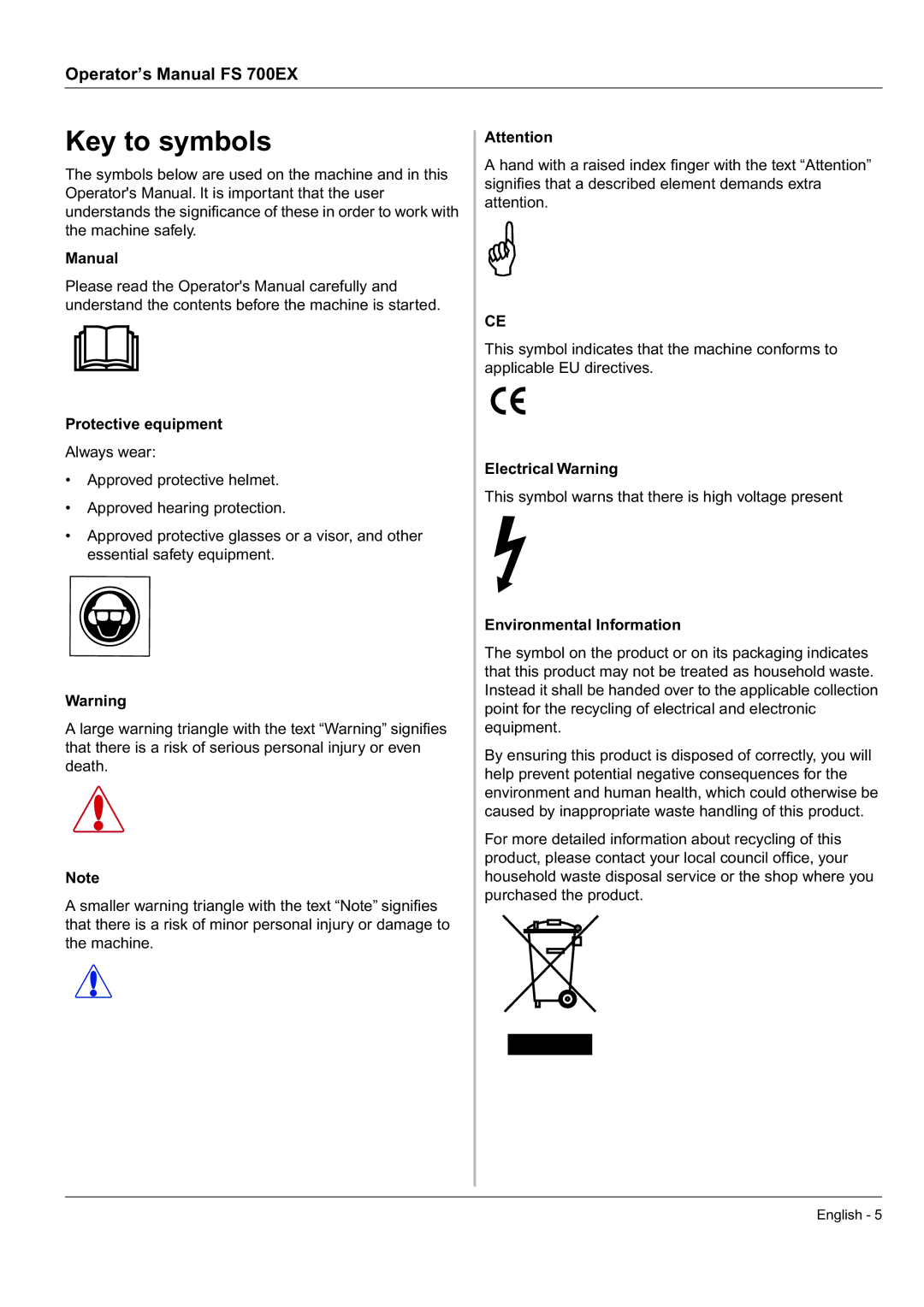 Husqvarna FS 700 EX manual Key to symbols, Manual, Protective equipment, Electrical Warning, Environmental Information 