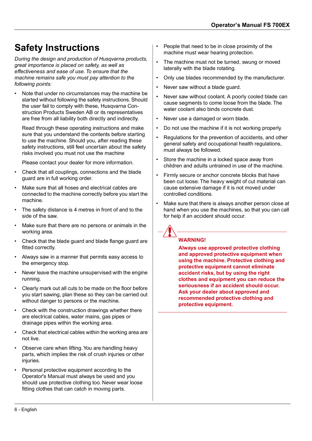 Husqvarna FS 700 EX manual Safety Instructions 