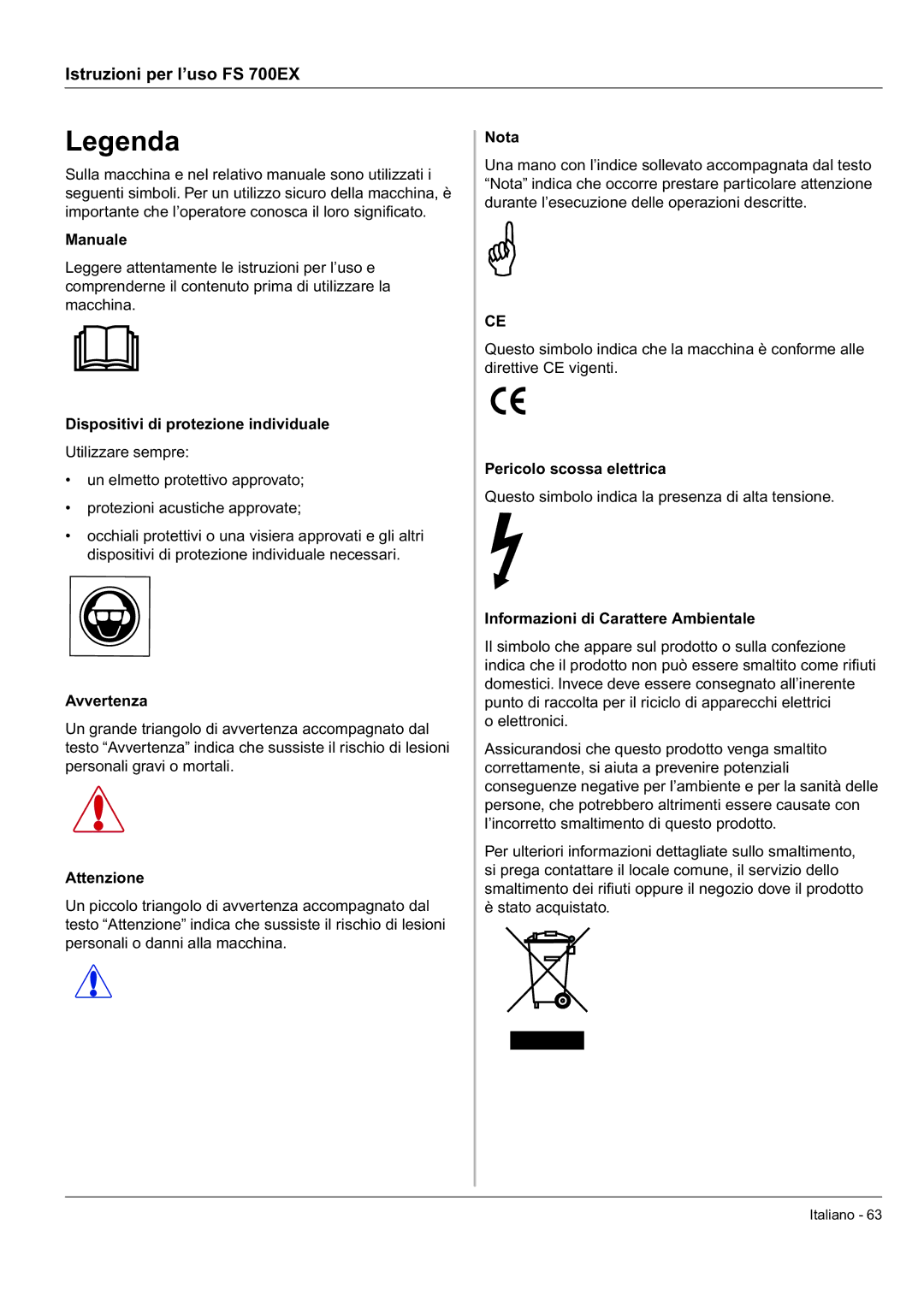 Husqvarna FS 700 EX manual Manuale, Dispositivi di protezione individuale, Avvertenza, Attenzione, Nota 