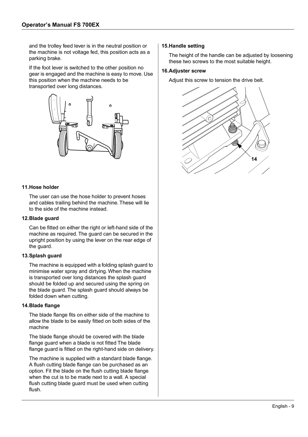 Husqvarna FS 700 EX manual Hose holder, Blade guard, Splash guard, Blade ﬂange, Handle setting, Adjuster screw 