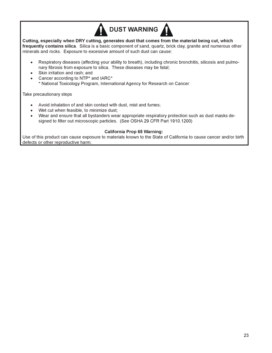 Husqvarna FS 6600 D, FS 8400 D manuel dutilisation Dust Warning, California Prop 65 Warning 