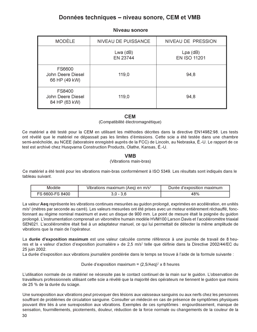 Husqvarna FS 8400 D, FS 6600 D manuel dutilisation Niveau sonore, Cem, Vmb 