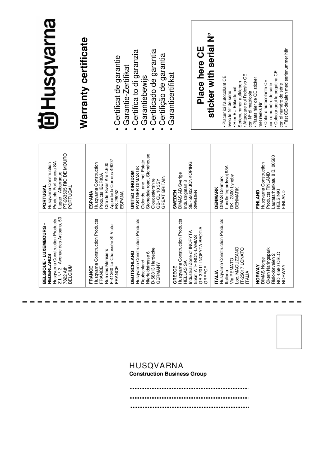 Husqvarna FS 305, FS309 manuel dutilisation Warranty certificate 