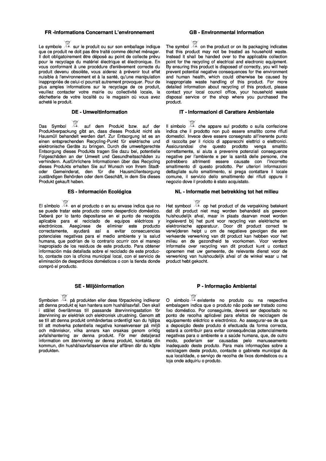 Husqvarna FS309 FR -Informations Concernant L’environnement, GB - Environmental Information, DE - Umweltinformation 