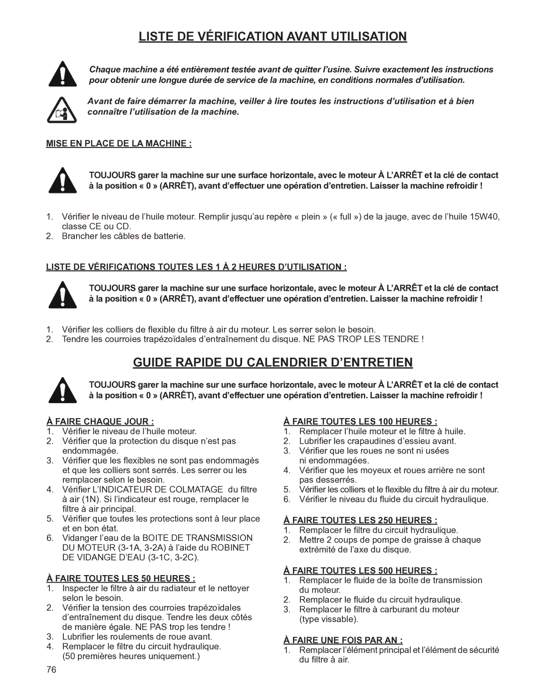Husqvarna FS4800D manuel dutilisation Liste DE Vérification Avant Utilisation, Guide Rapide DU Calendrier D’ENTRETIEN 