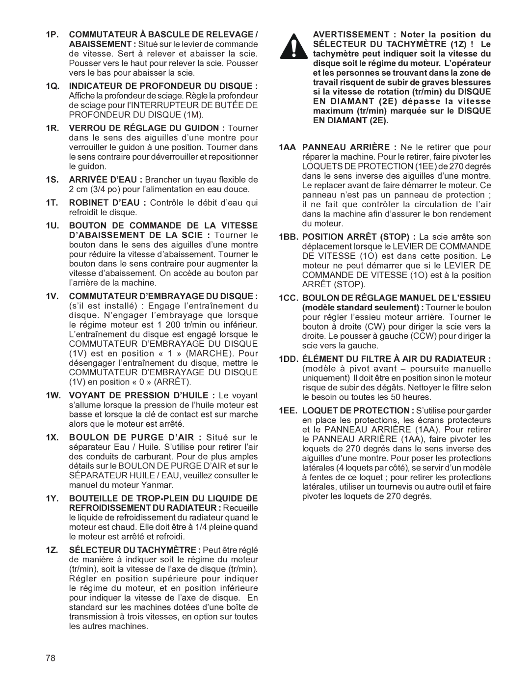 Husqvarna FS4800D manuel dutilisation 1Q. Indicateur DE Profondeur DU Disque, 1V. Commutateur D’EMBRAYAGE DU Disque 