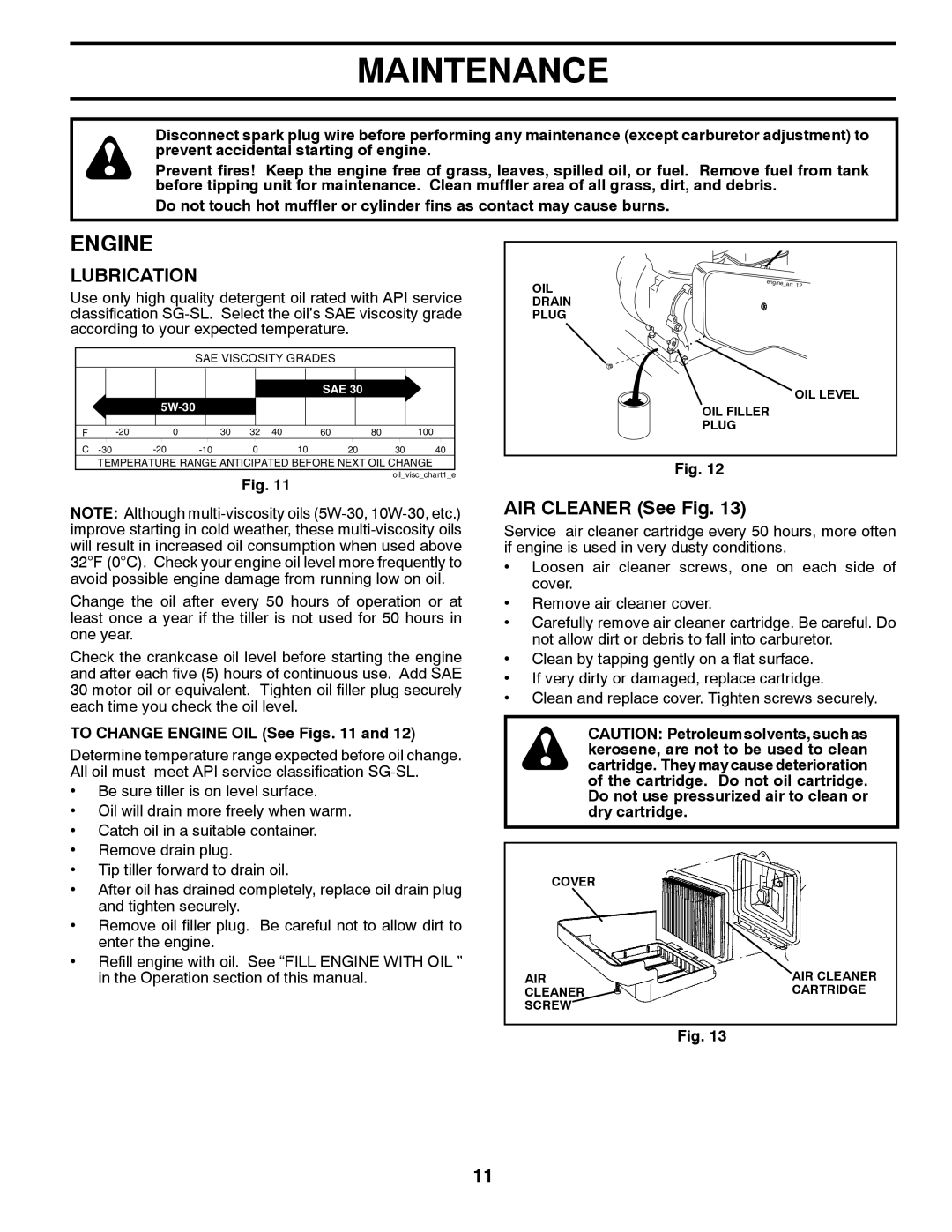 Husqvarna FT900 owner manual Engine, AIR Cleaner See Fig 