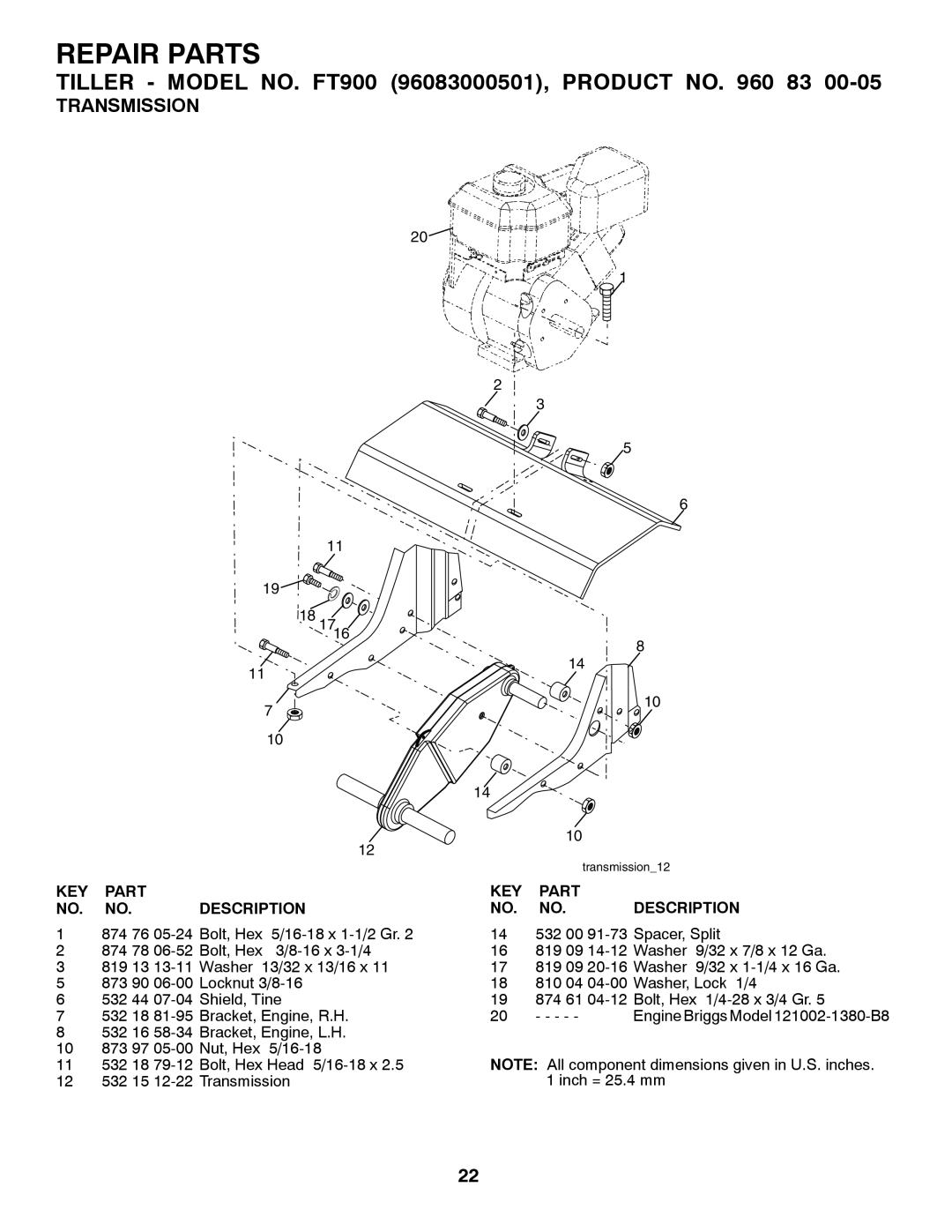 Husqvarna FT900 owner manual Transmission, KEY Part NO. NO. Description 