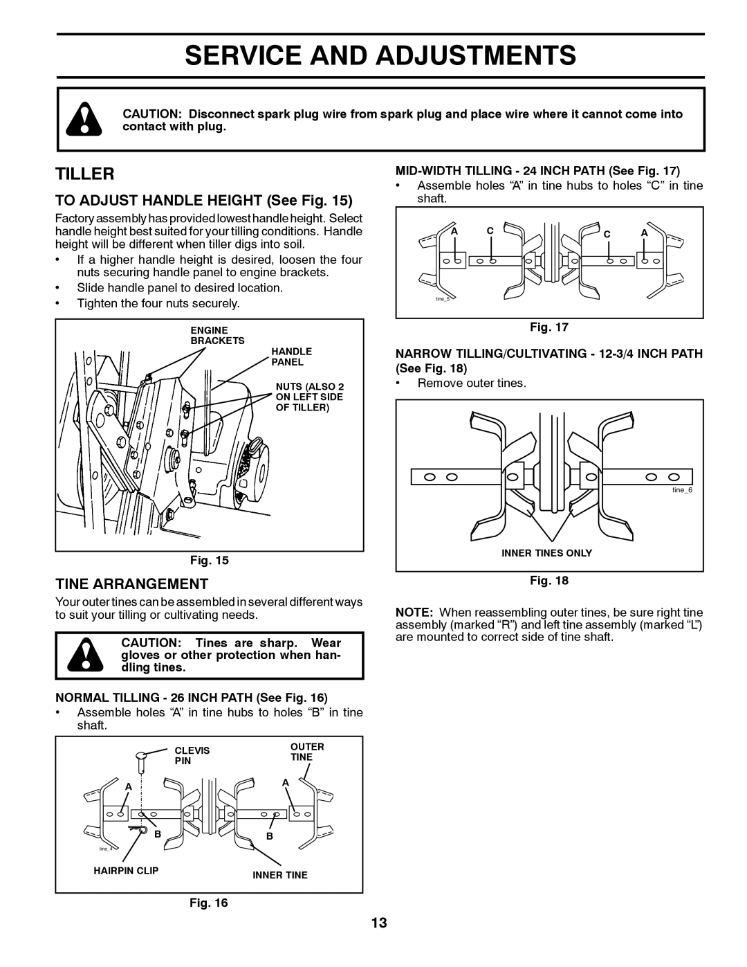 Husqvarna FT900 owner manual Service and Adjustments, Tiller, To Adjust Handle Height See Fig, Tine Arrangement 