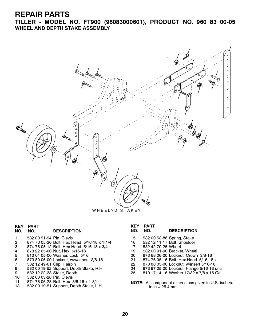 Husqvarna FT900 owner manual Wheel and Depth Stake Assembly,   