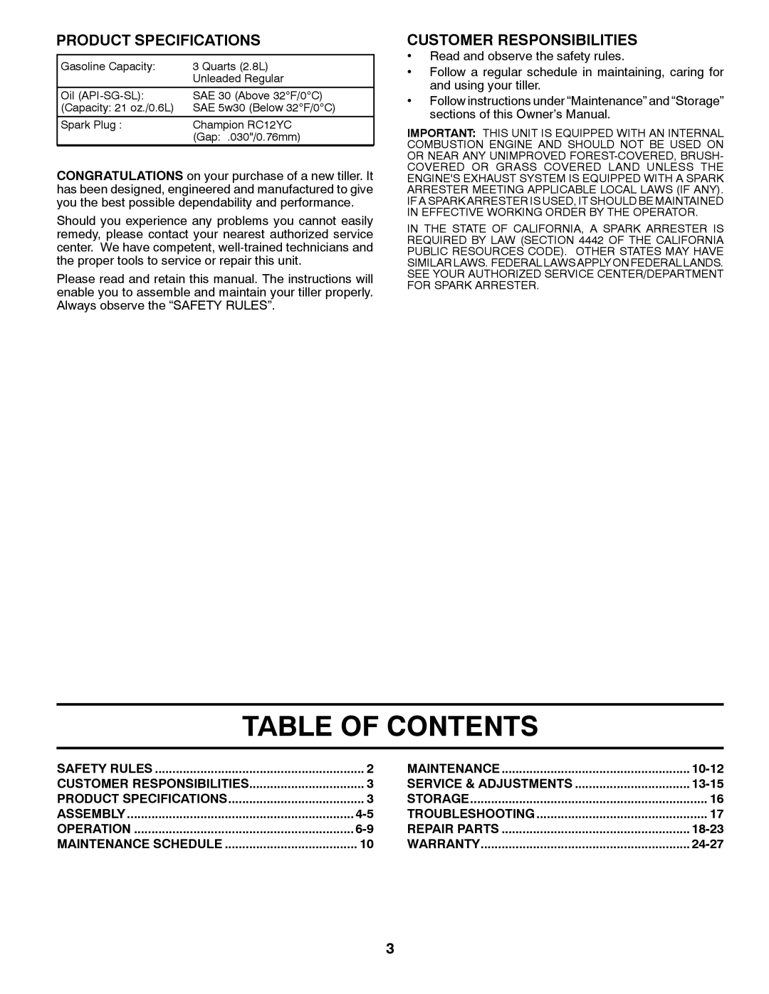 Husqvarna FT900 owner manual Table of Contents 