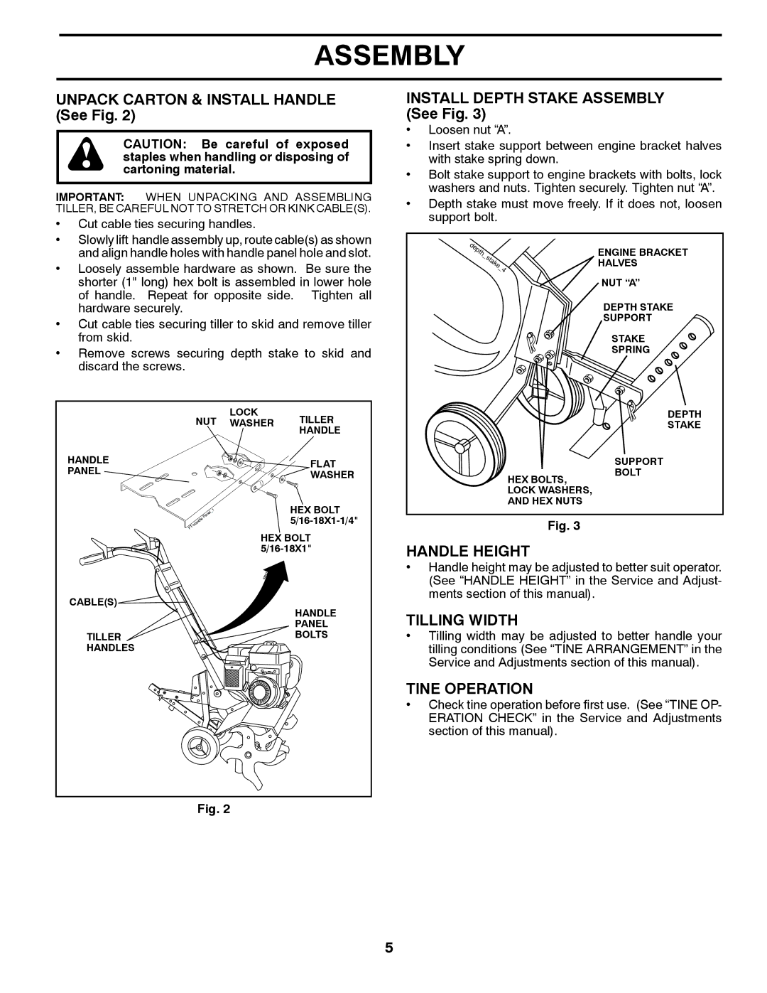 Husqvarna FT900 Unpack Carton & Install Handle See Fig, Install Depth Stake Assembly See Fig, Handle Height, Tilling Width 