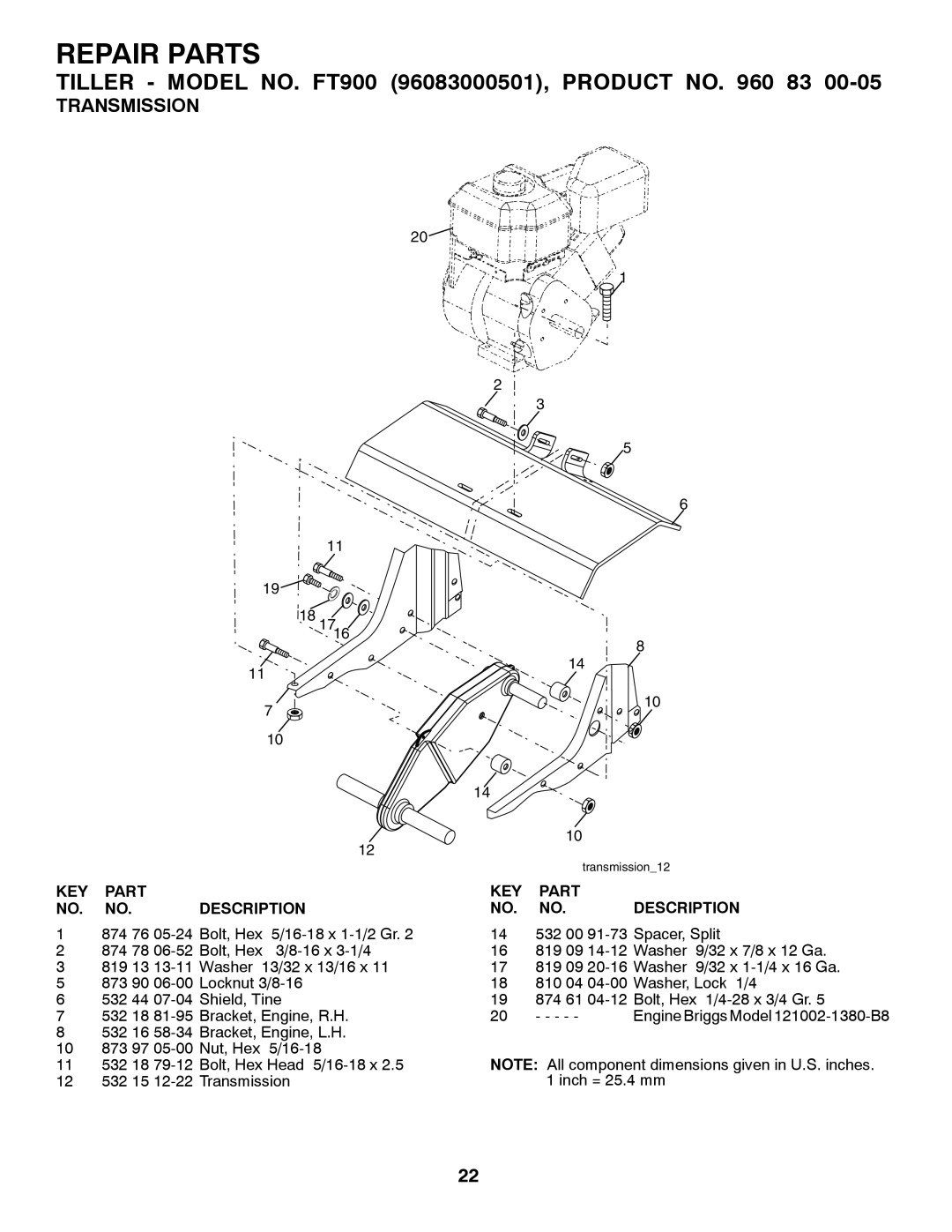 Husqvarna FT900 owner manual Key Part No. No. Description, Repair Parts, Transmission 