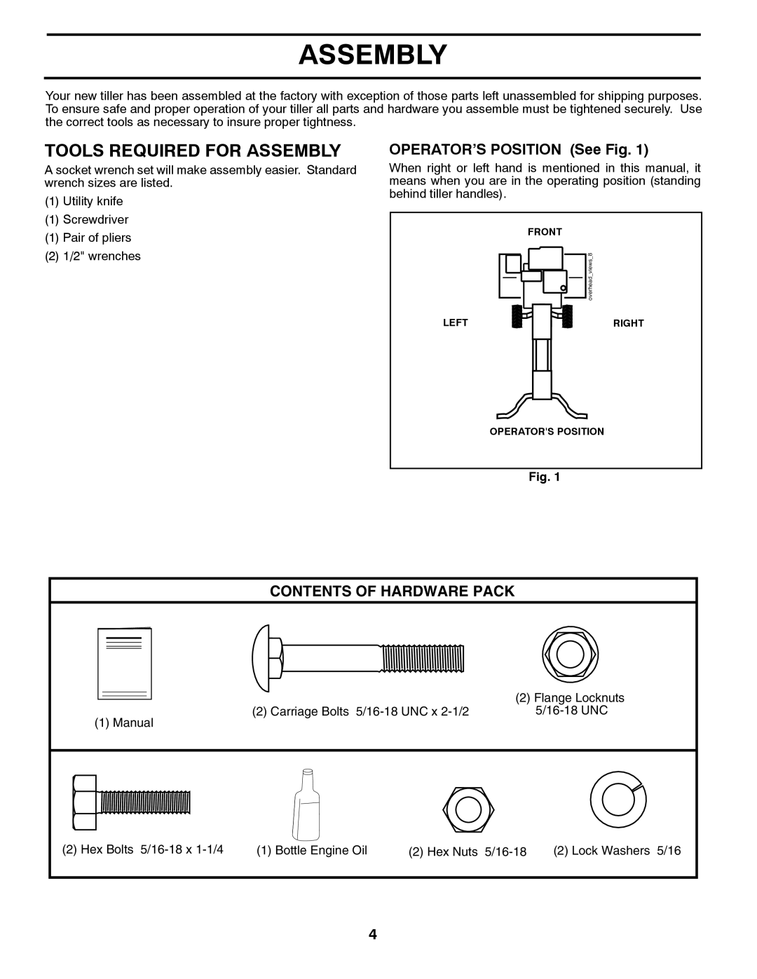 Husqvarna FT900 owner manual Tools Required For Assembly, OPERATOR’S POSITION See Fig, Contents Of Hardware Pack 