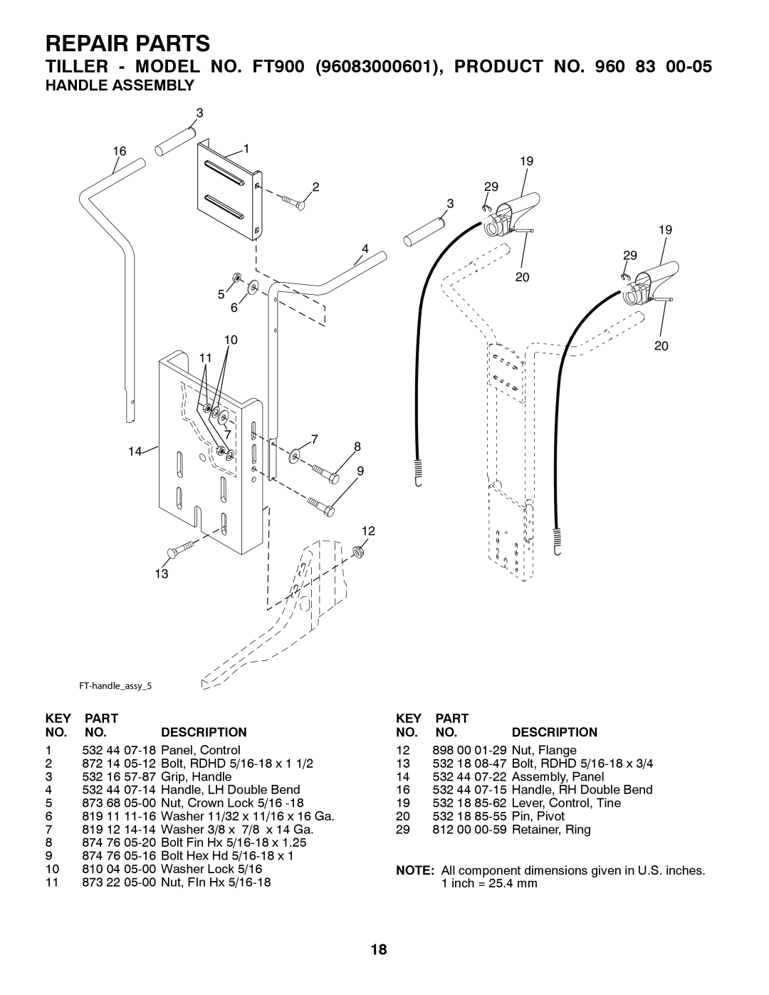 Husqvarna owner manual Repair Parts, TILLER - MODEL NO. FT900 96083000601, PRODUCT NO, Handle Assembly, Description 
