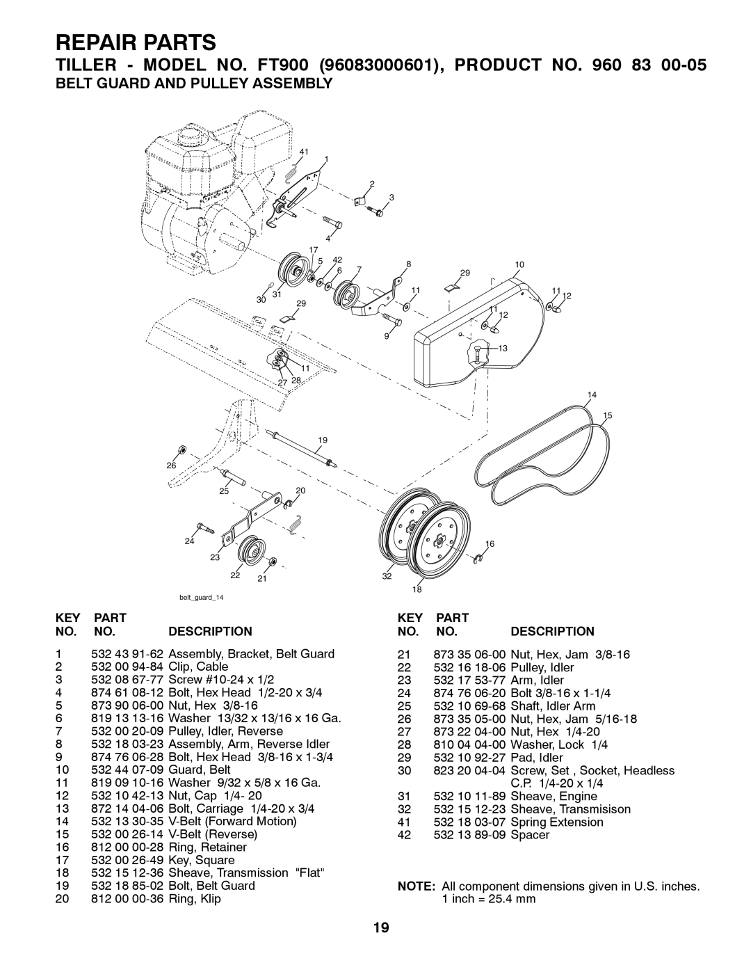 Husqvarna Belt Guard And Pulley Assembly, Repair Parts, TILLER - MODEL NO. FT900 96083000601, PRODUCT NO, Description 