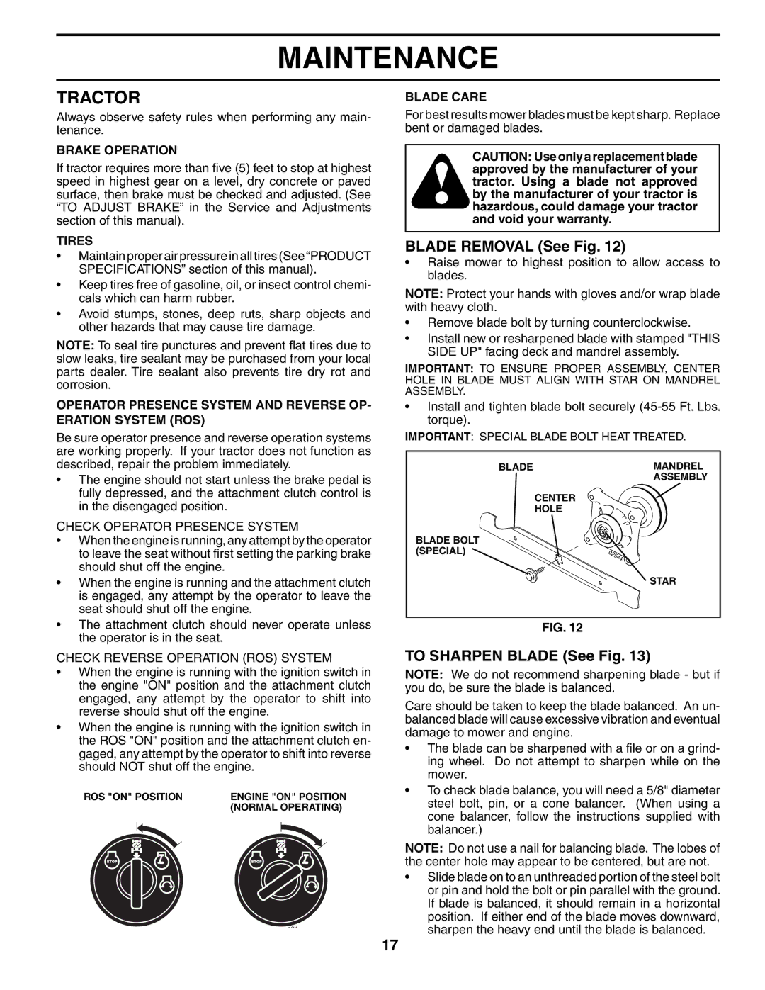 Husqvarna GT2254 owner manual Tractor, Blade Removal See Fig, To Sharpen Blade See Fig 