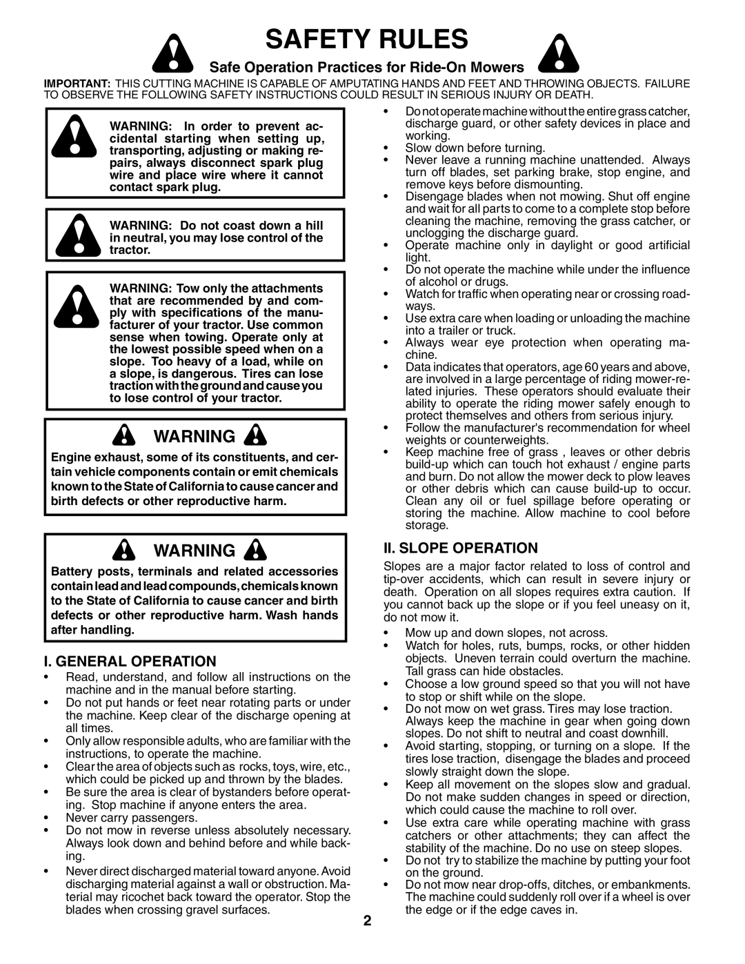 Husqvarna GT2254 owner manual Safe Operation Practices for Ride-On Mowers, General Operation, II. Slope Operation 