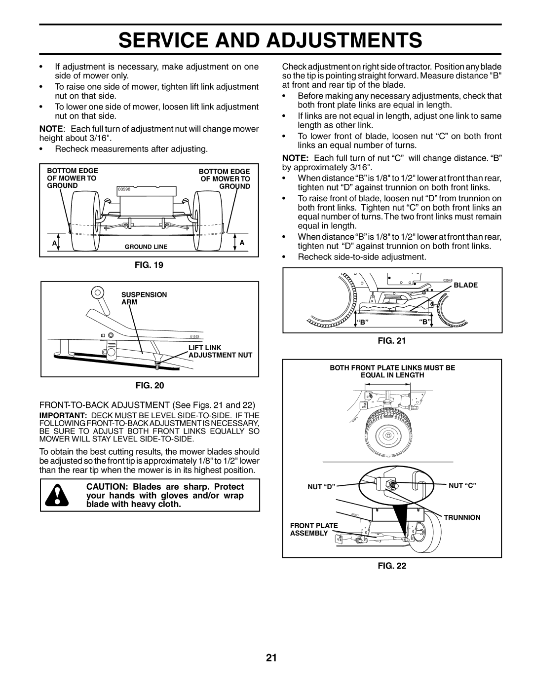 Husqvarna GT2254 owner manual FRONT-TO-BACK Adjustment See Figs 