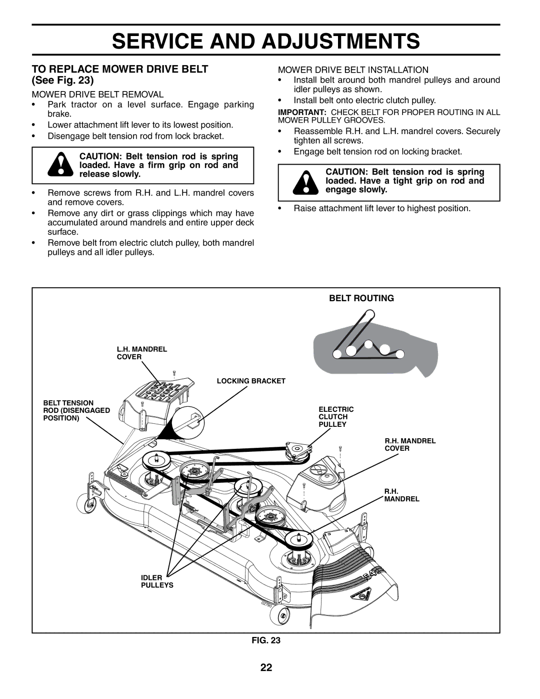 Husqvarna GT2254 owner manual To Replace Mower Drive Belt See Fig, Belt Routing 