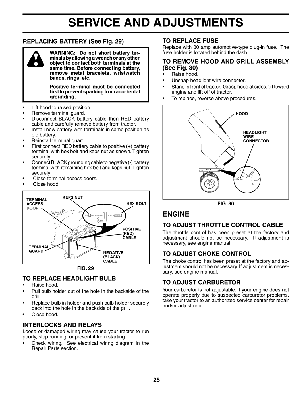 Husqvarna GT2254 To Replace Fuse, To Adjust Throttle Control Cable, To Adjust Choke Control, To Replace Headlight Bulb 