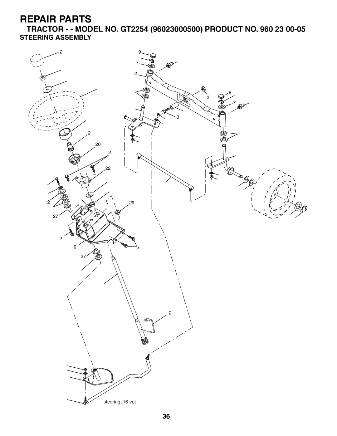 Husqvarna GT2254 owner manual Steering Assembly 