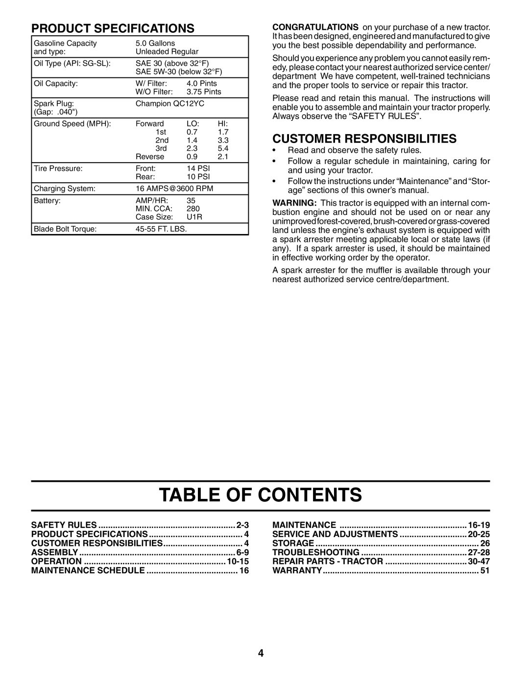 Husqvarna GT2254 owner manual Table of Contents 