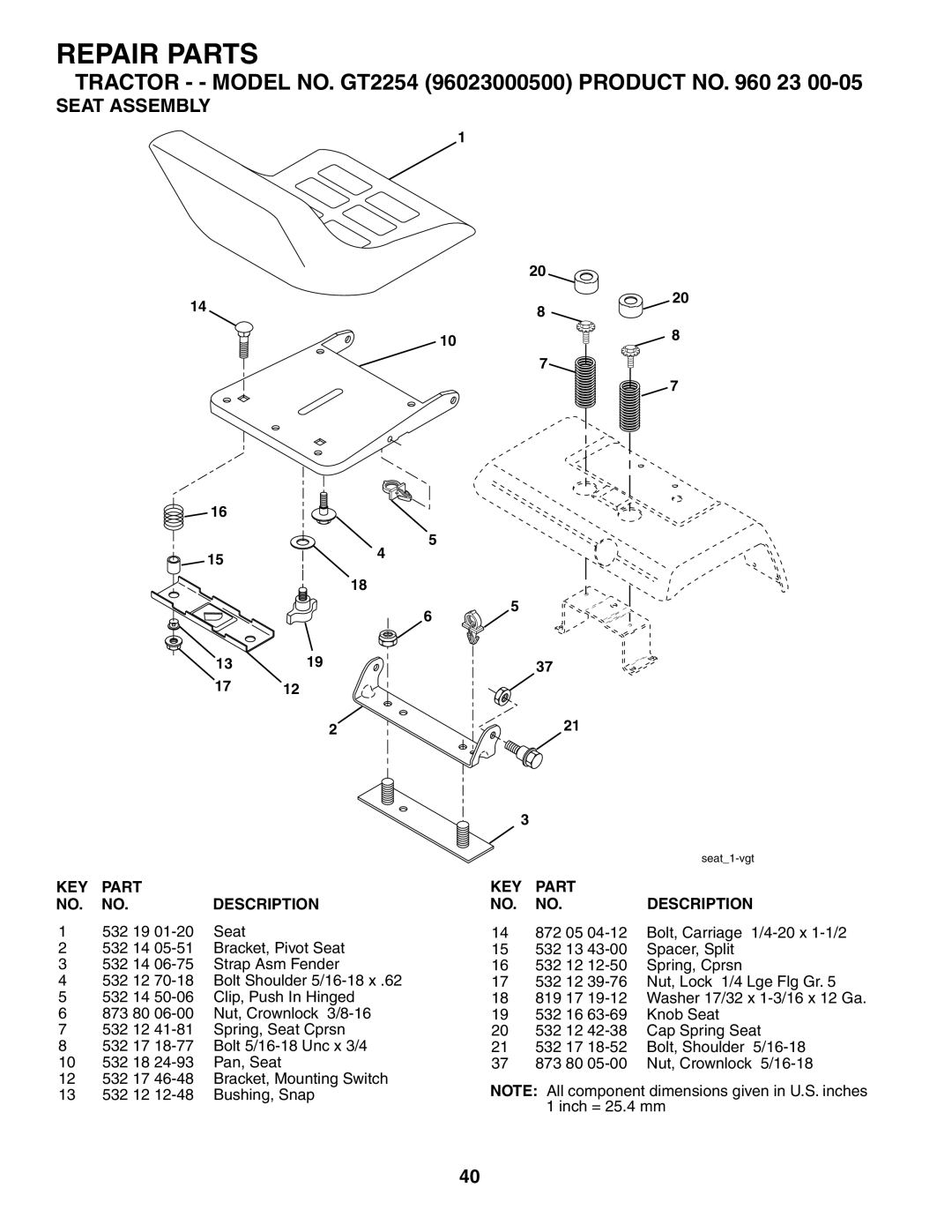 Husqvarna GT2254 owner manual Seat Assembly, 532 19 Seat 