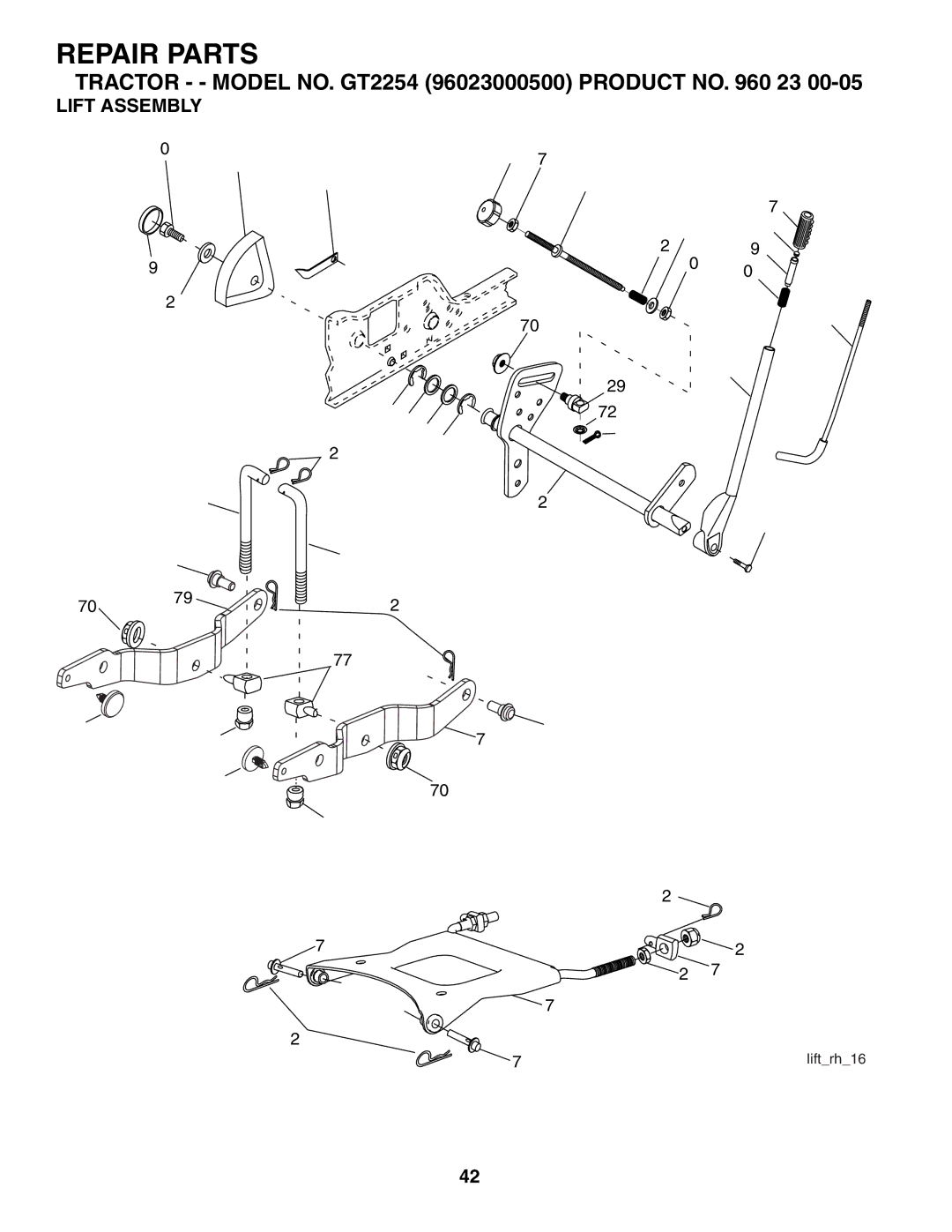 Husqvarna GT2254 owner manual Lift Assembly 