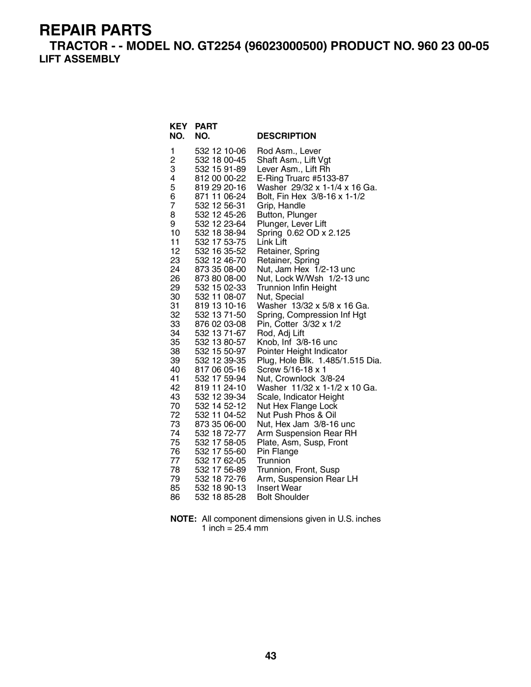 Husqvarna GT2254 owner manual Repair Parts 