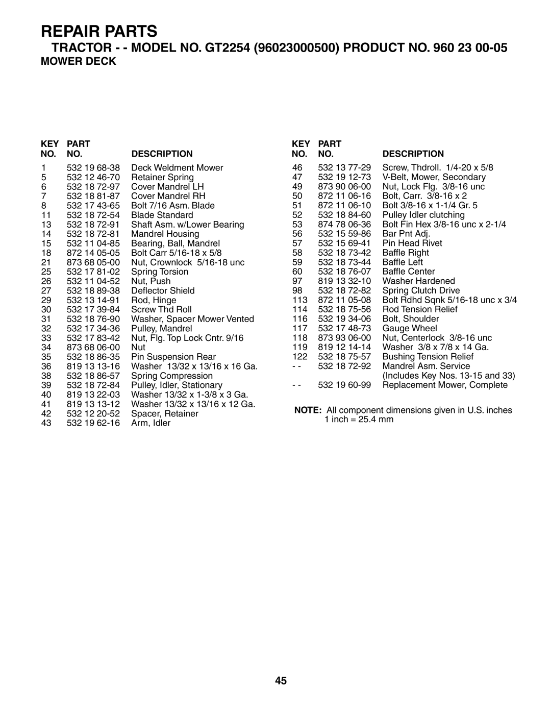 Husqvarna GT2254 owner manual Repair Parts 