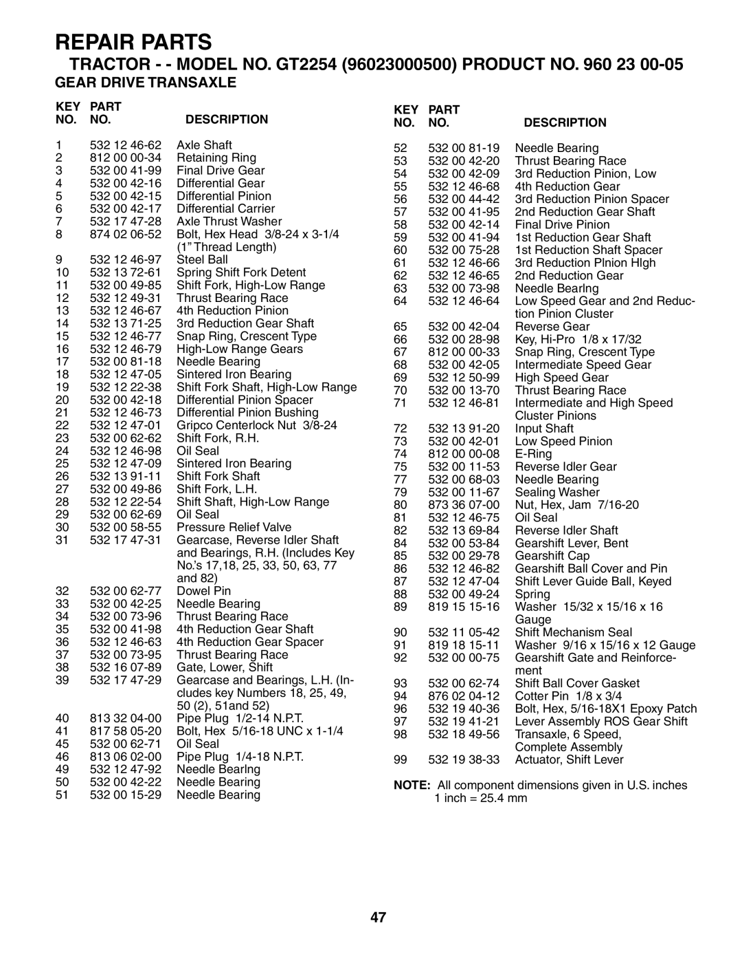 Husqvarna GT2254 owner manual 532 00 Needle Bearing 