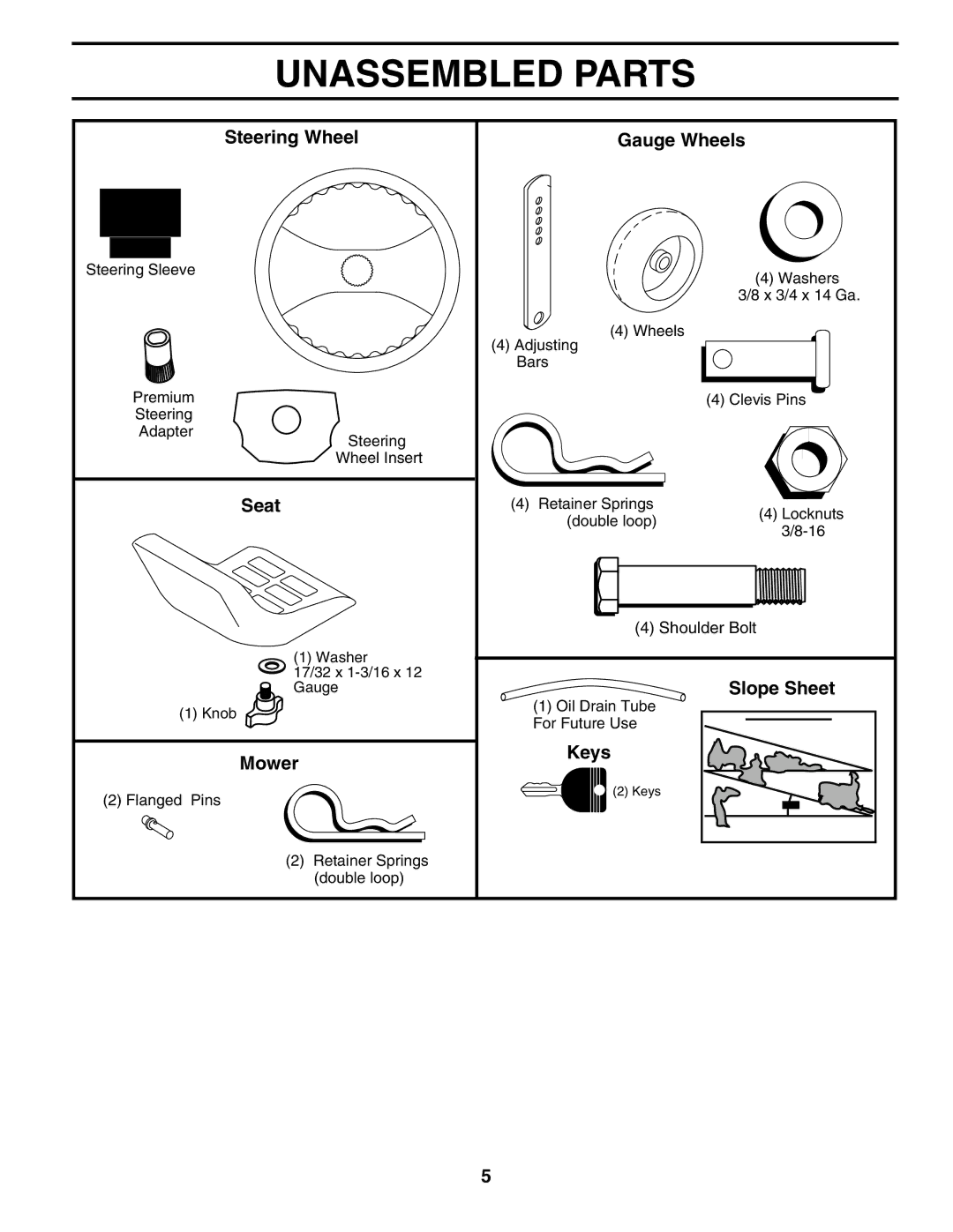 Husqvarna GT2254 owner manual Unassembled Parts, Steering Wheel Gauge Wheels, Seat, Slope Sheet, Mower Keys 