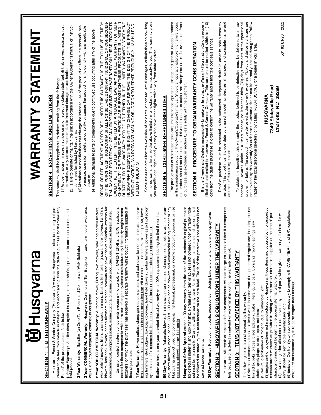 Husqvarna GT2254 owner manual Warranty Statement, Limited Warranty 