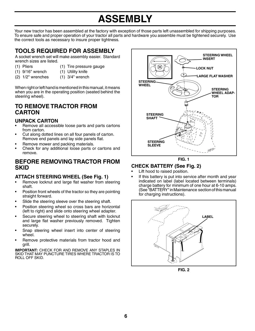 Husqvarna GT2254 Tools Required for Assembly, To Remove Tractor from Carton, Before Removing Tractor from Skid 