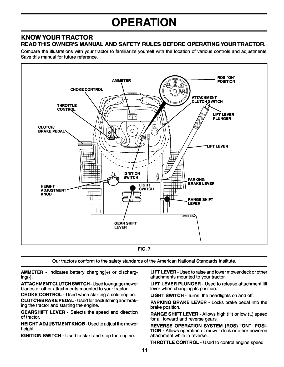 Husqvarna GT2254 owner manual Know Your Tractor, Operation, HEIGHT ADJUSTMENT KNOB - Used to adjust the mower height 
