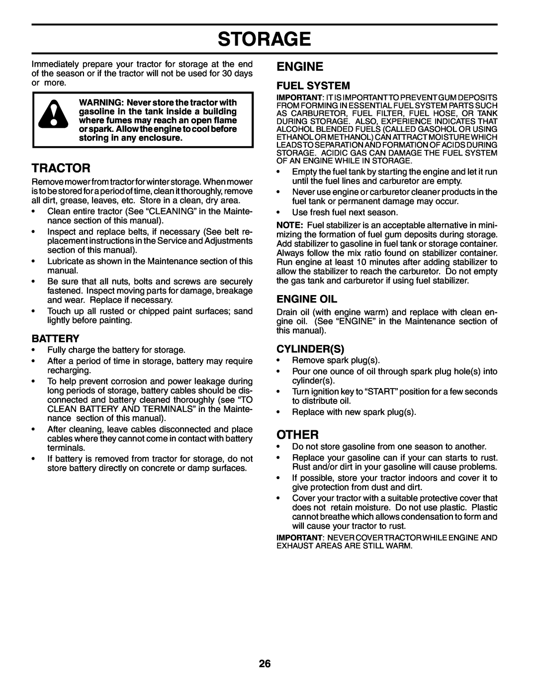 Husqvarna GT2254 owner manual Storage, Other, Fuel System, Engine Oil, Cylinders, Tractor, Battery 