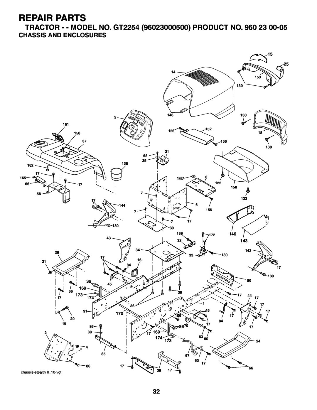 Husqvarna Chassis And Enclosures, Repair Parts, TRACTOR - - MODEL NO. GT2254 96023000500 PRODUCT NO. 960 23, 153 130 