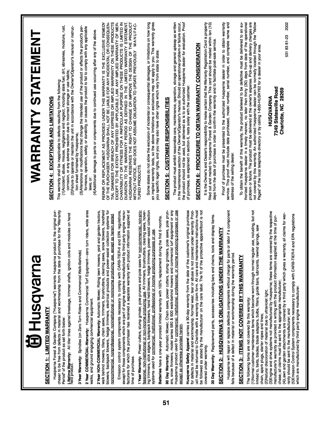 Husqvarna GT2254 owner manual Warranty Statement, Limited Warranty, Husqvarna’S Obligations Under The Warranty 