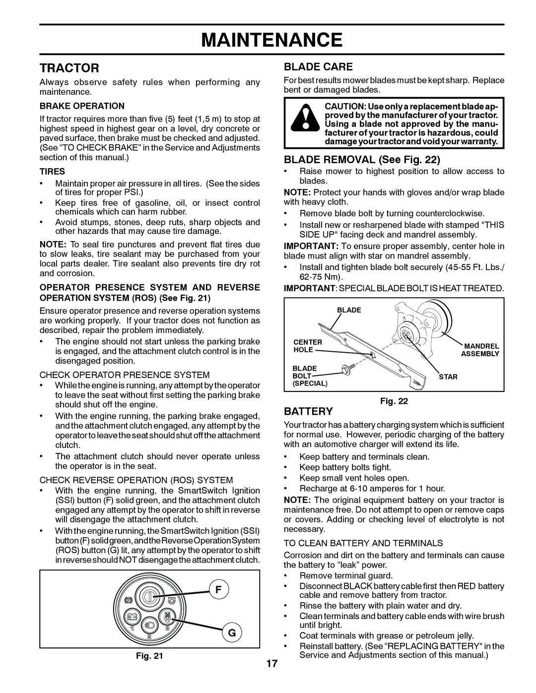 Husqvarna GT48XLSi warranty Tractor, Blade Care, Blade Removal See Fig, Battery 