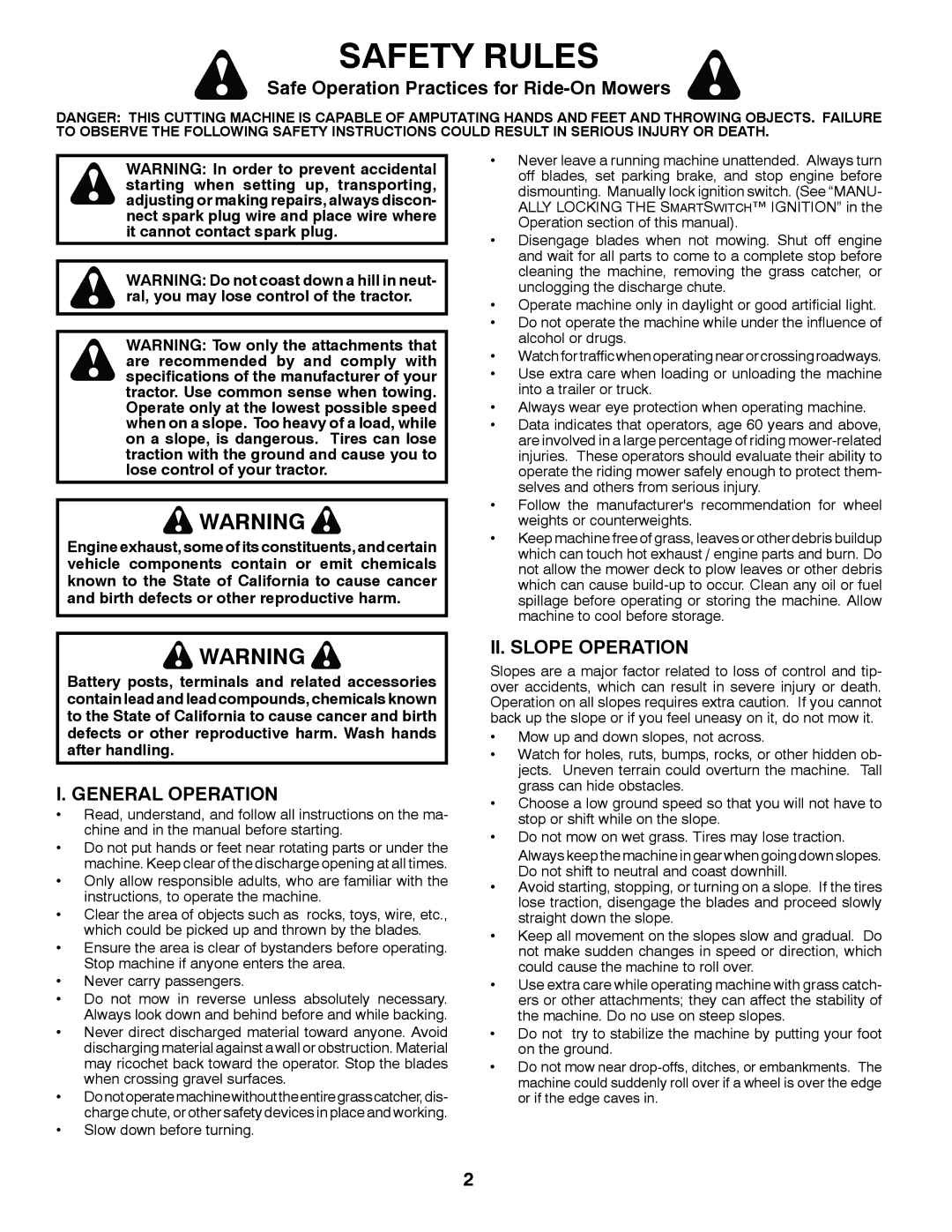 Husqvarna GT48XLSi Safety Rules, Safe Operation Practices for Ride-On Mowers, General Operation, II. Slope Operation 