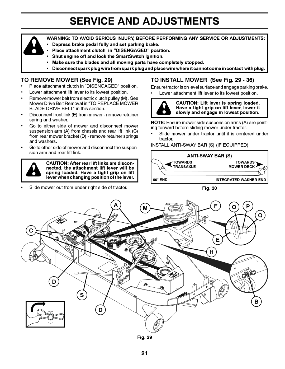 Husqvarna GT48XLSi warranty Service and Adjustments, To Remove Mower See Fig, To Install Mower See, O P, Anti-Sway Bar S 